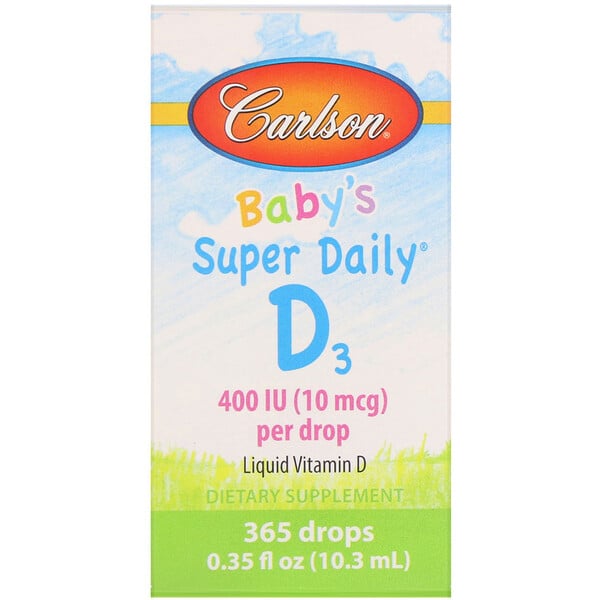 Carlson Labs, Super Daily, витамин D3 для детей, 10 мкг (400 МЕ), 10,3 мл (0,35 жидкой унции)
