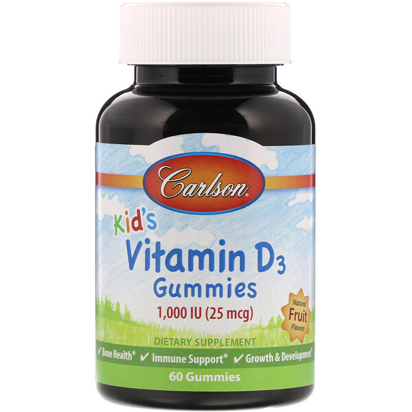 Carlson Labs, Детские жевательные таблетки с витамином D3, натуральные фруктовые ароматизаторы, 25 мкг (1000 МЕ), 60 шт.