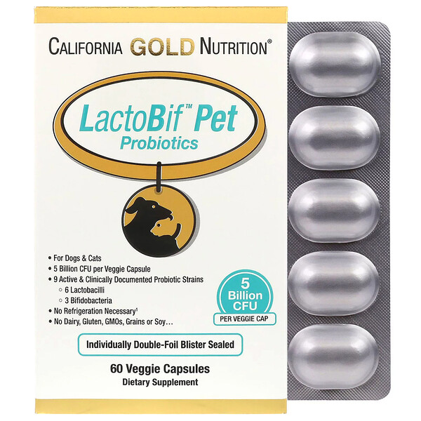 California Gold Nutrition, Пробиотики LactoBif Pet, 5 млрд КОЕ, 60 растительных капсул
