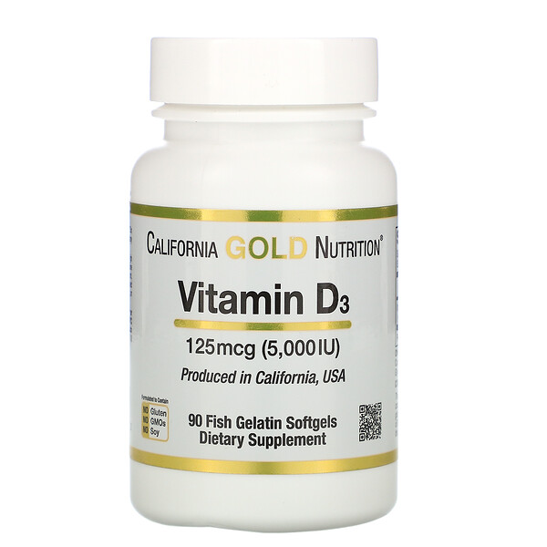 California Gold Nutrition, Витамин D3, 125 мкг (5000 МЕ), 90 рыбно-желатиновых мягких таблеток