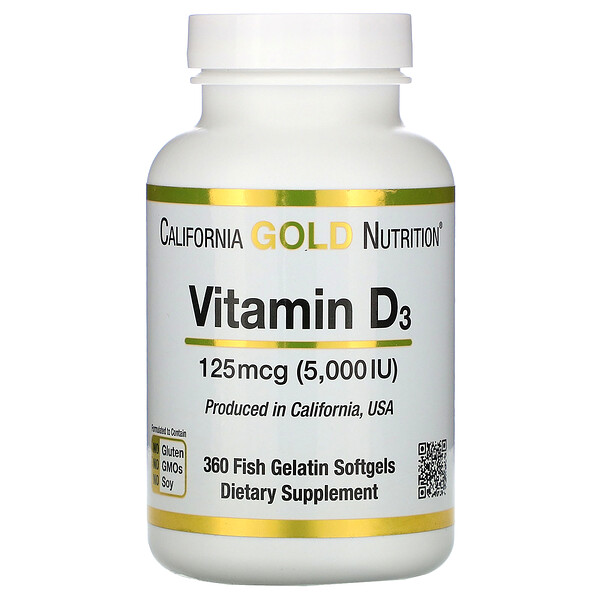 California Gold Nutrition, Витамин D3, 125 мкг (5000 МЕ), 360 рыбно-желатиновых капсул