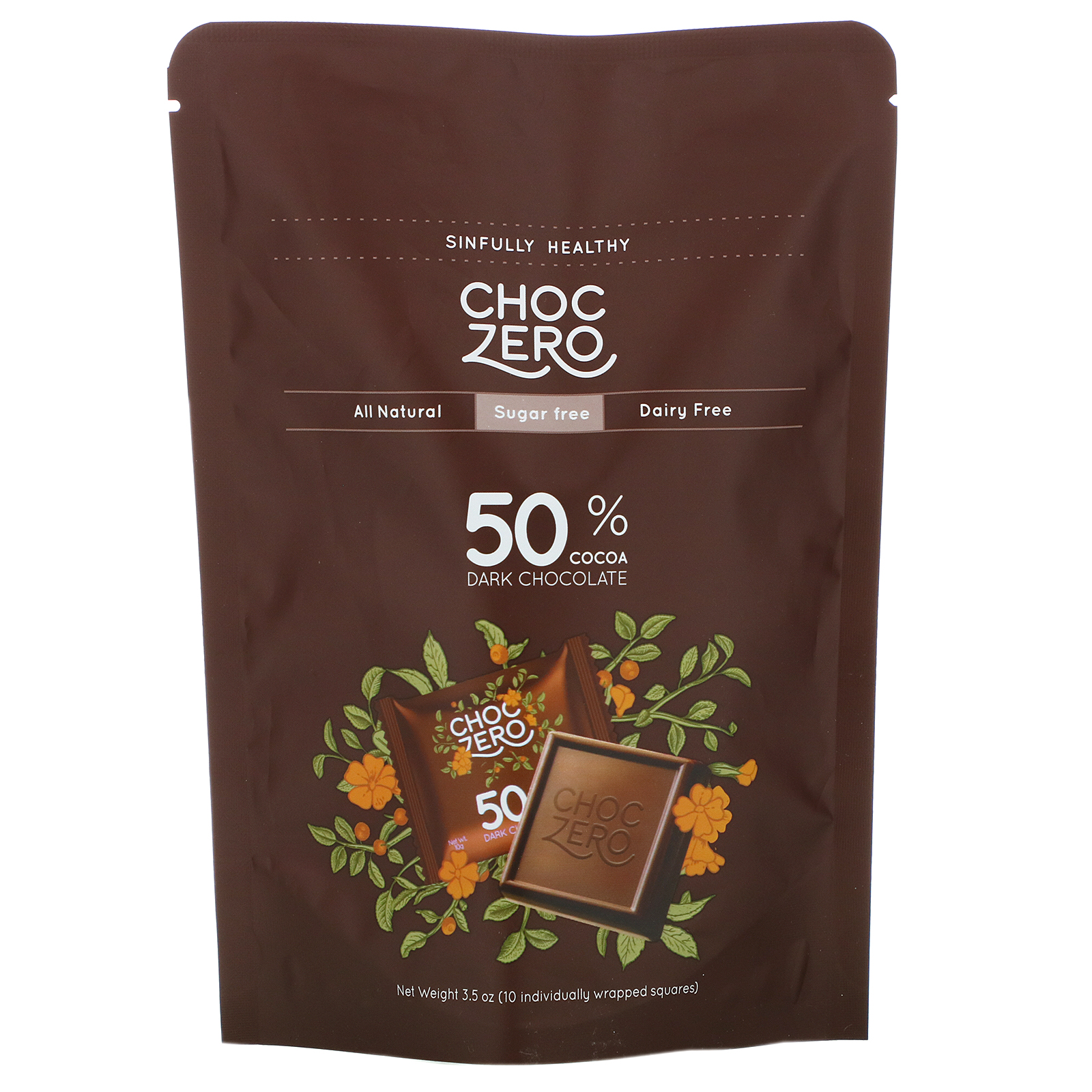ChocZero, 50 Cocoa Dark Chocolate Squares, Sugar Free, 10 Pieces, 3.5