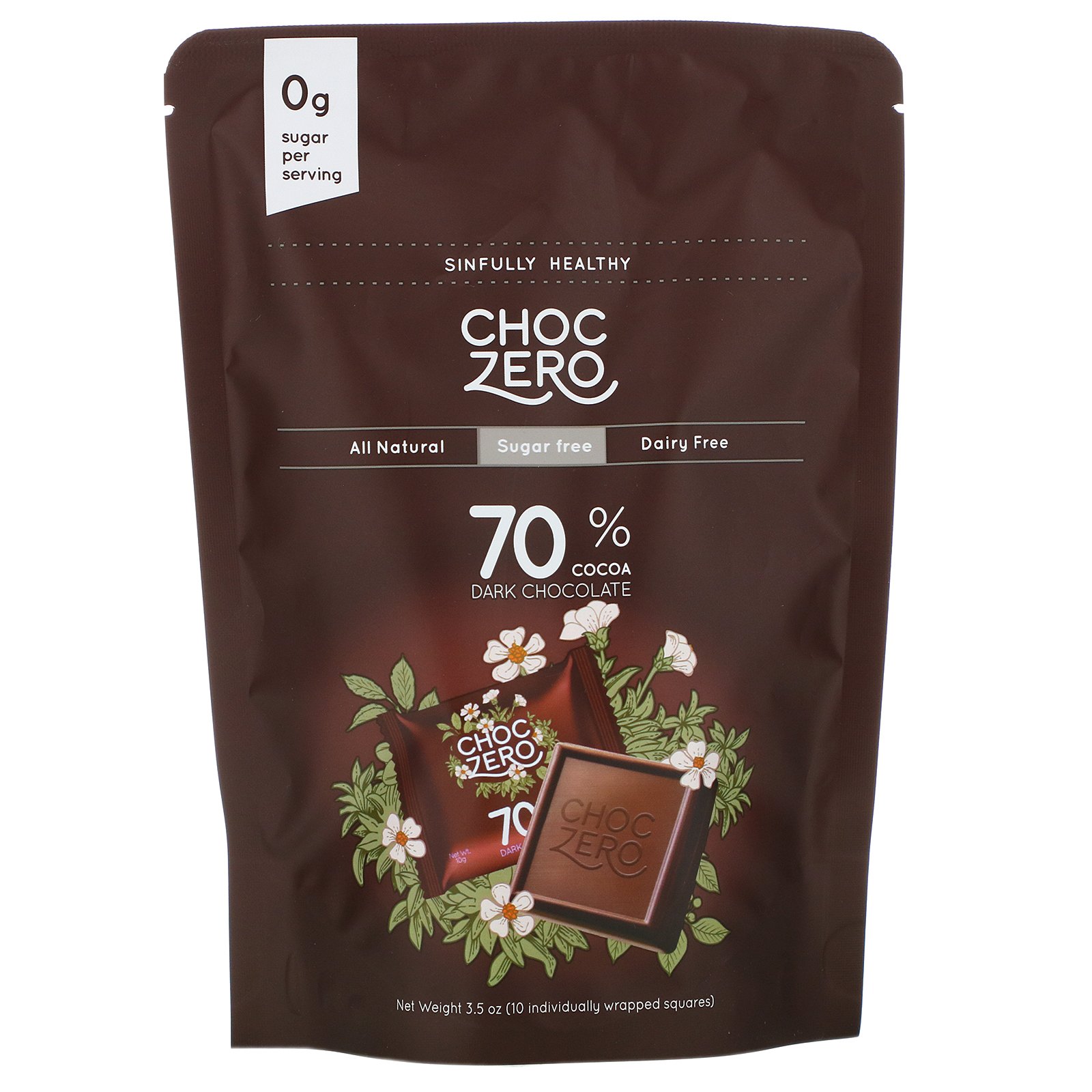 ChocZero, 70 Cocoa Dark Chocolate Squares, Sugar Free, 10 Pieces, 3.5