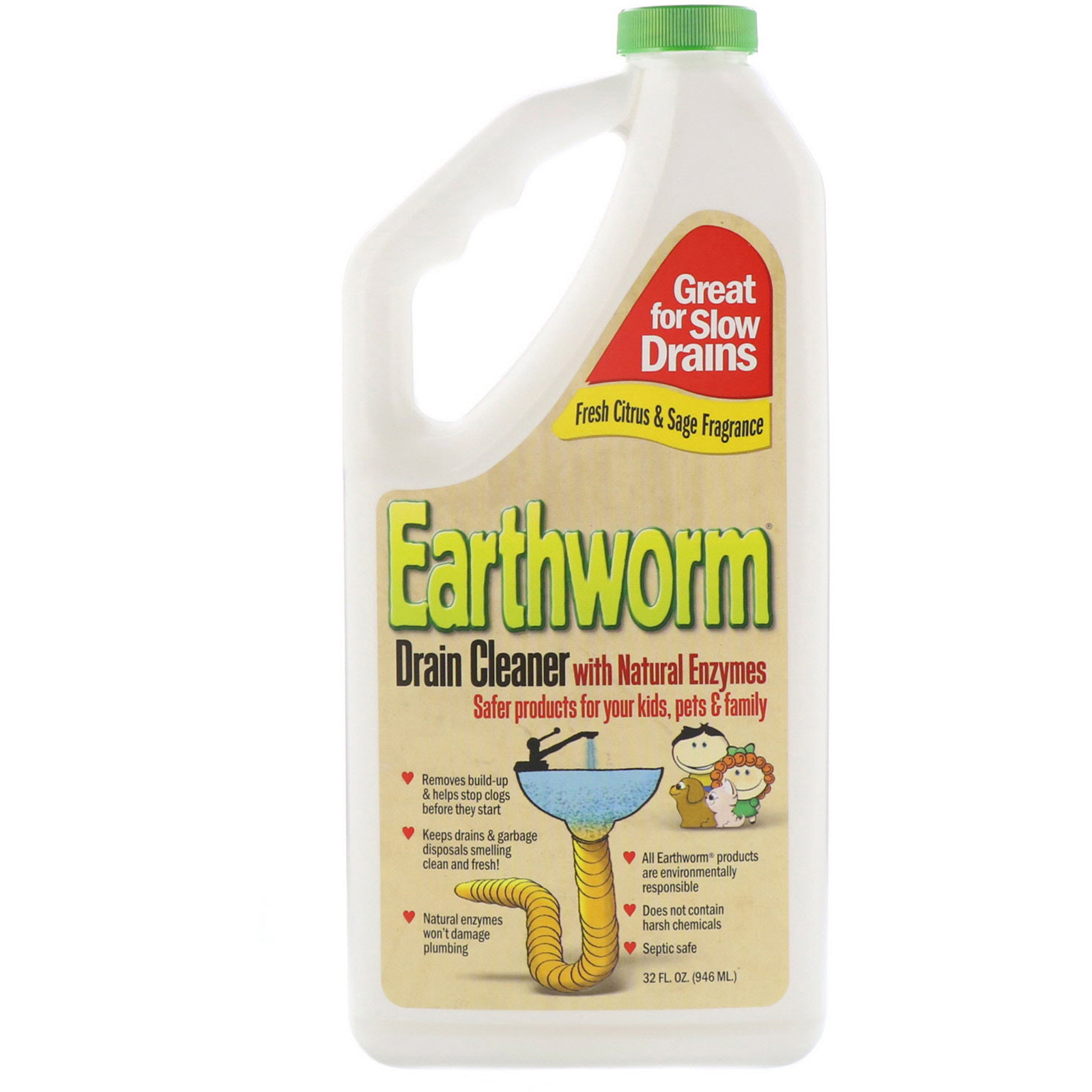 Earthworm, Drain Cleaner with Natural Enzymes, Fresh Citrus & Sage