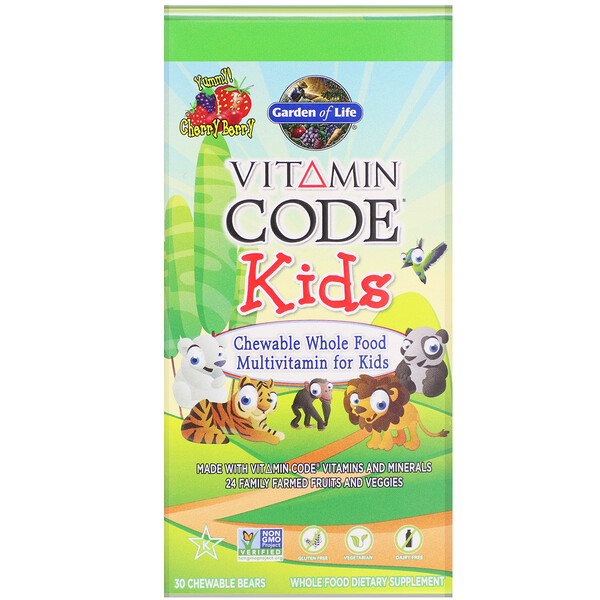 Garden of Life, Vitamin Code, Kids, жевательные цельнопищевые поливитамины для детей, ягоды вишни, 30 жевательных мишек