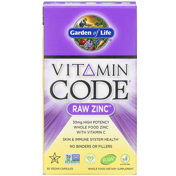 Garden of Life, Vitamin Code, цинк RAW, 60 веганских капсул