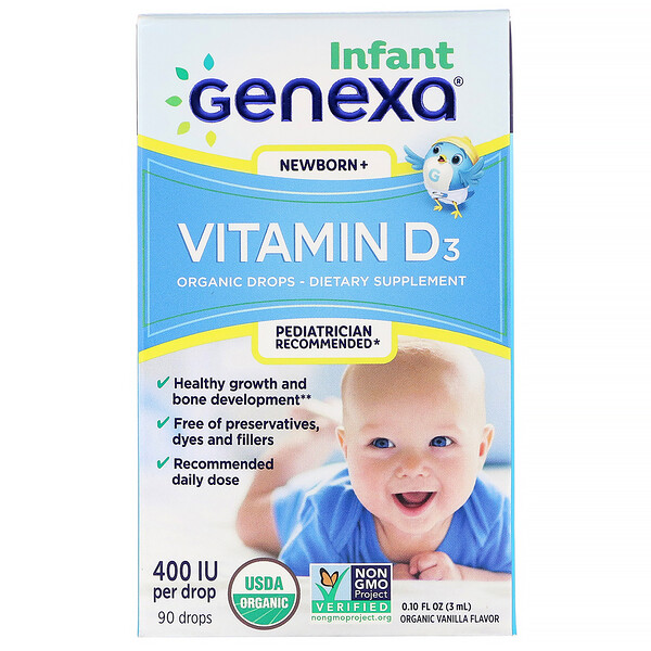 Genexa, Витамин D3 для младенцев, для детей с рождения, органический ванильный ароматизатор, 400 МЕ, 3 мл (0.10 жидк. унций)