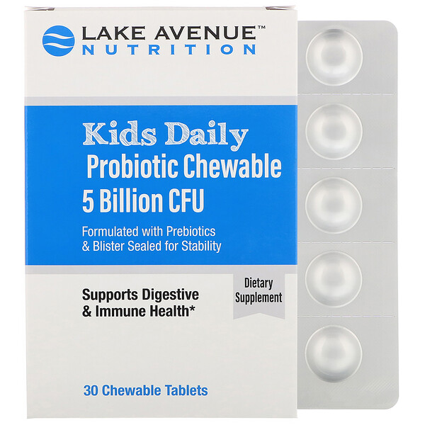 Lake Avenue Nutrition, Для детей, пробиотик для ежедневного применения, натуральный ягодный ароматизатор, 5 млрд КОЕ, 30 жевательных таблеток