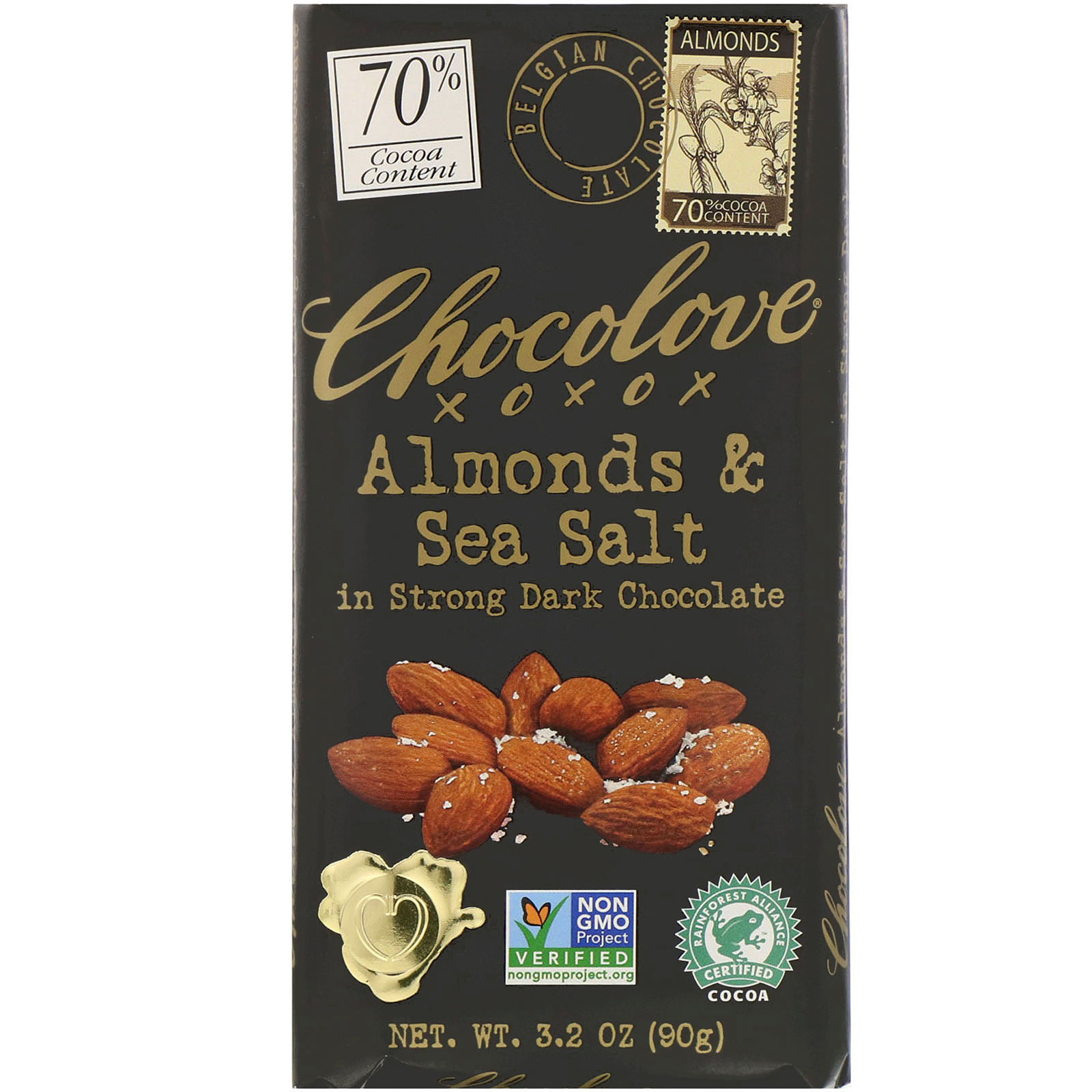 Chocolove, Almonds & Sea Salt in Strong Dark Chocolate, 70 Cocoa, 3.2