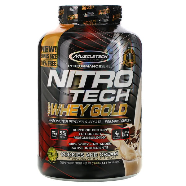 Muscletech, Nitro Tech, 100% Whey Gold, печенье с кремом, 2,51 кг (5,53 фунта)