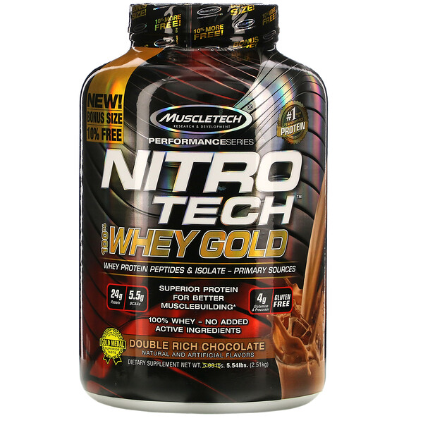 Muscletech, Nitro Tech, 100% Whey Gold, сывороточный протеин в порошке, двойной шоколад, 2,51 кг (5,53 фунта)