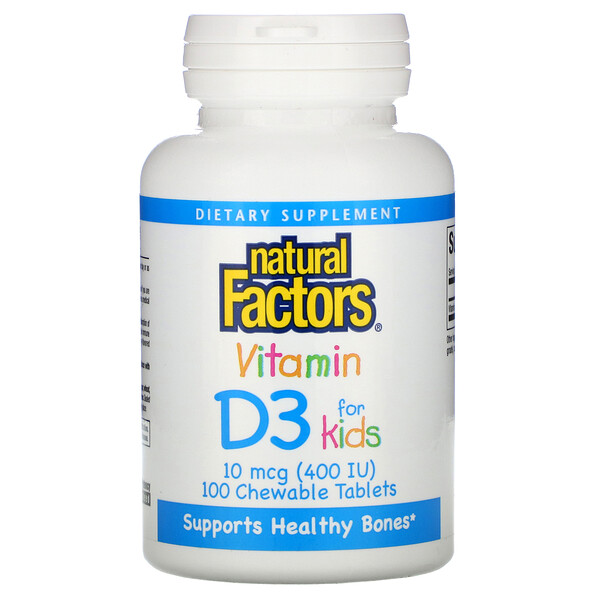 Natural Factors, Витамин D3, со вкусом клубники, 400 МЕ, 100 жевательных таблеток