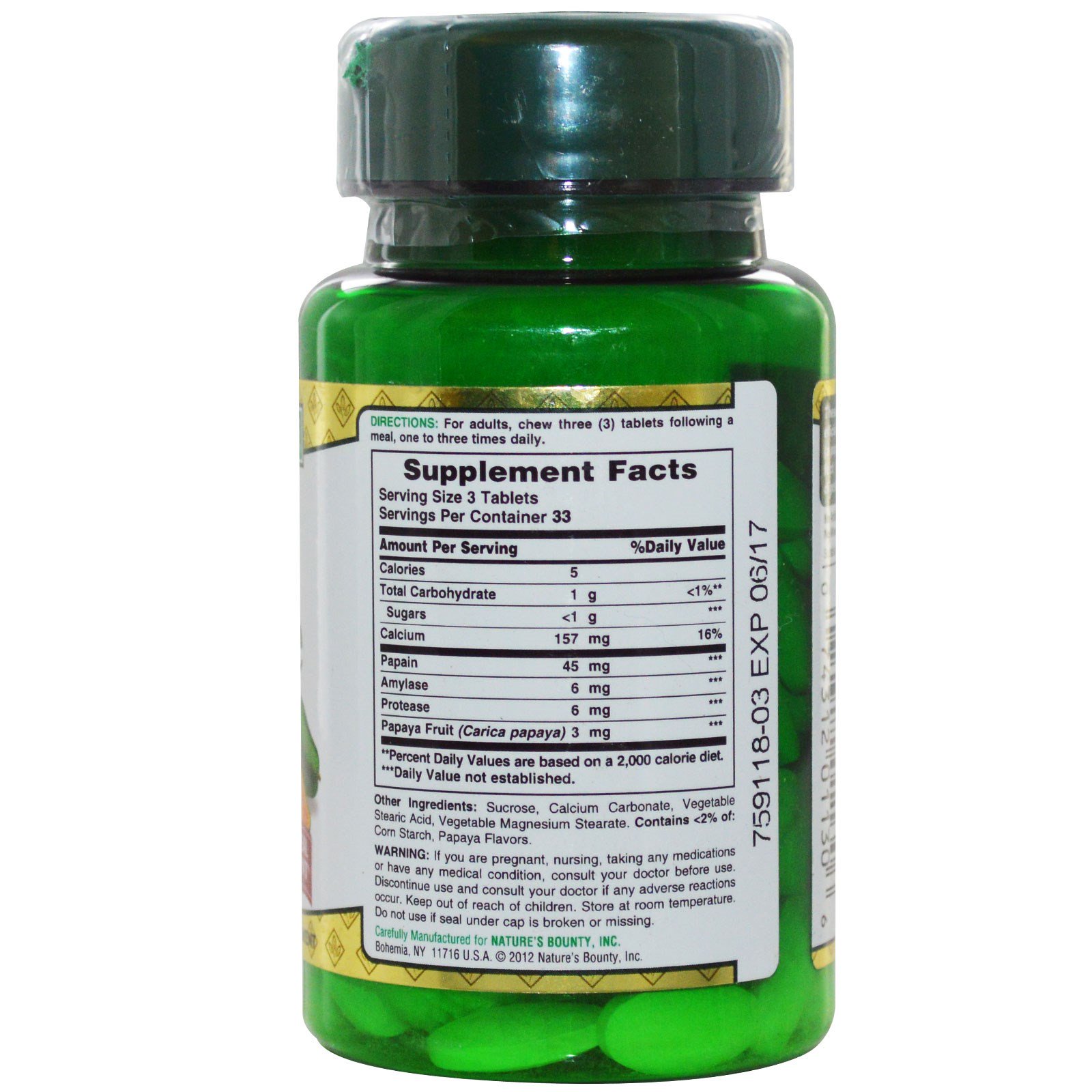 Nature's Bounty, Papaya Enzyme, Natural Digestive Aid, 100 Tablets iHerb