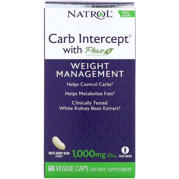 Natrol, Carb Intercept с Phase 2 Carb Controller, 1000 мг, 60 растительных капсул