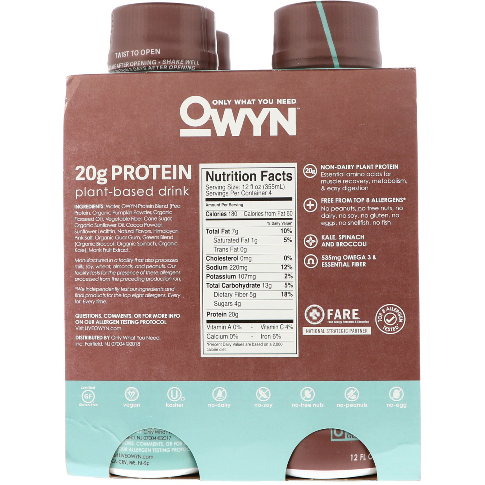 OWYN, Protein PlantBased Shake, Dark Chocolate, 4 Shakes, 12 fl oz