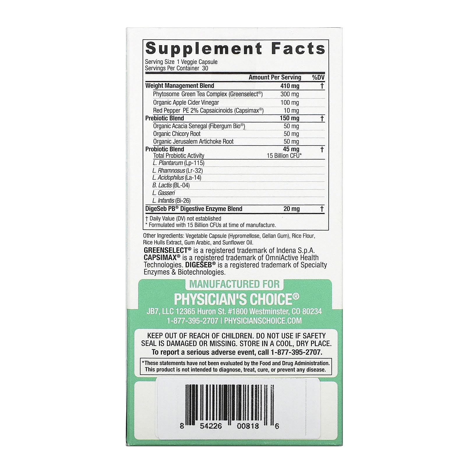 Physician's Choice, Thin 30 Probiotic, 15 Billion, 30 Vegetarian