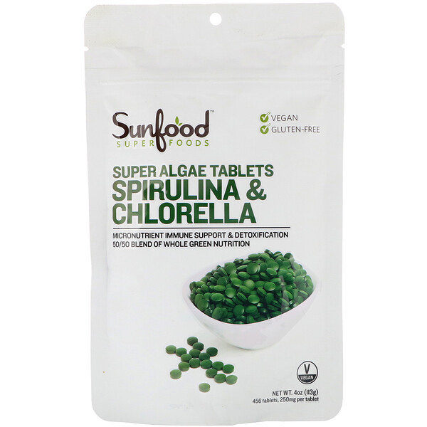 Sunfood, Spirulina & Chlorella, Super Algae Tablets, 250 mg, 456