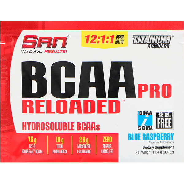 SAN Nutrition, BCAA Pro Reloaded, аминокислоты с разветвленными цепями, голубая малина, 11,4 г (0,4 унций)