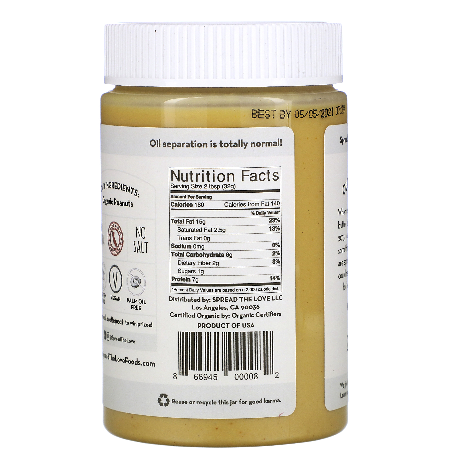 Spread The Love, Organic Peanut Butter, Naked, 16 oz ( 454 g) iHerb