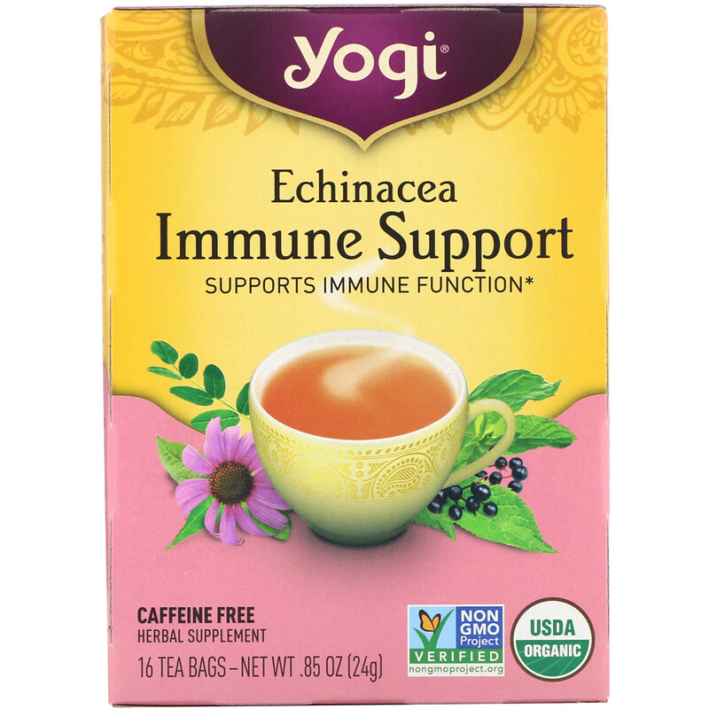 Yogi Tea, Echinacea Immune Support, без кофеина, 16 чайных пакетиков