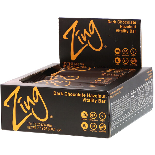 Zing Bars, Vitality Bar, Dark Chocolate Hazelnut, 12 Bars, 1.76 oz (50